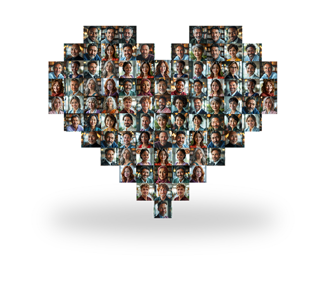 ein Herz aus kleinen Bildern mit Mitarbeitergesichtern Mitarbeitergesundheit Gesundheitsförderung Darmkrebsvorsorge